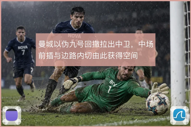 曼城以伪九号回撤拉出中卫，中场前插与边路内切由此获得空间